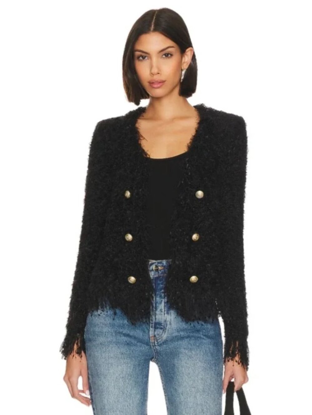 L'AGENCE Azure Cardigan Black Textured Fringe Open Front Gold Button XL Knit